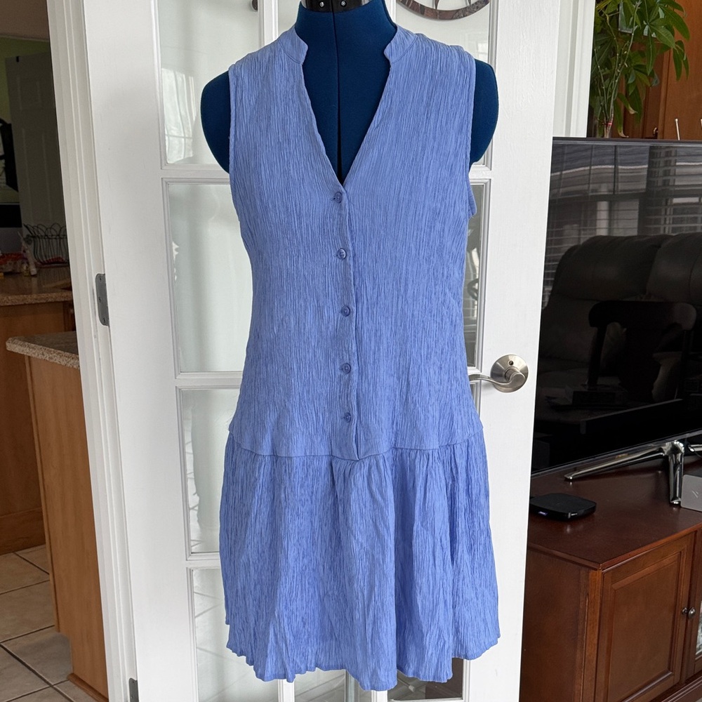 Nine West blue crinkle rayon sleeveless drop waist dress, size M, EUC